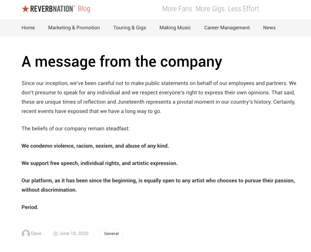 ReverbNation Juneteenth statement