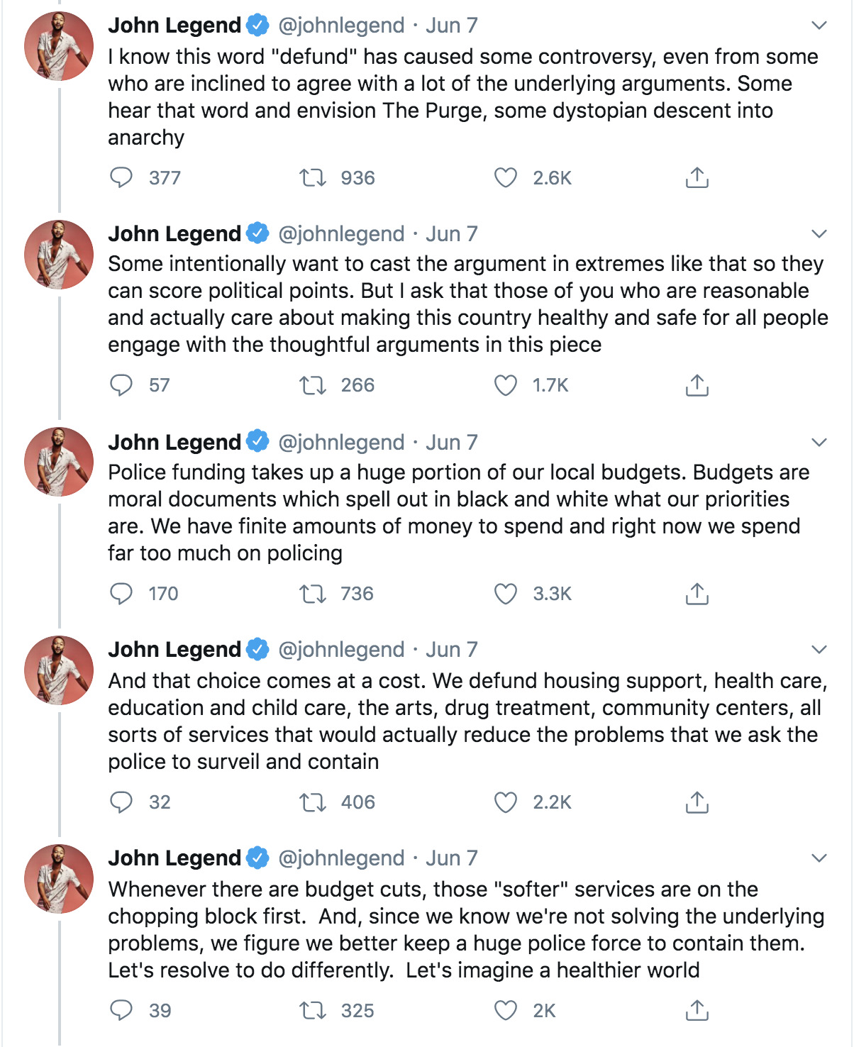 John Legend tweets about Defund the Police
