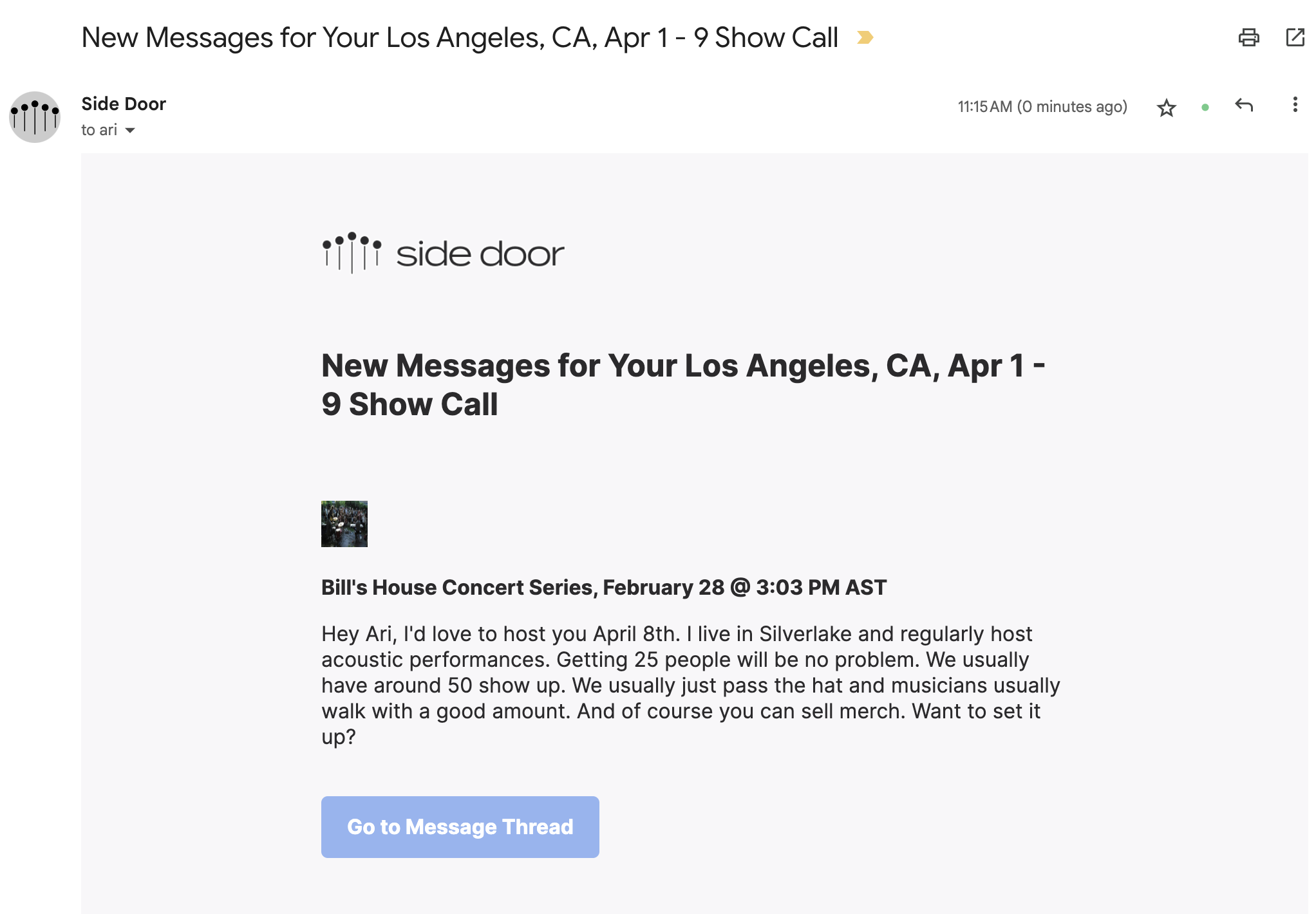 Side Door Show Call Messages Example with Ari Herstand