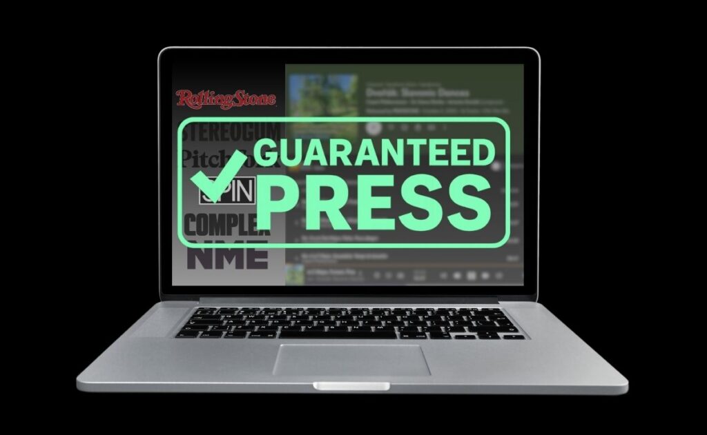 Laptop that displays "Guaranteed Press" across the screen